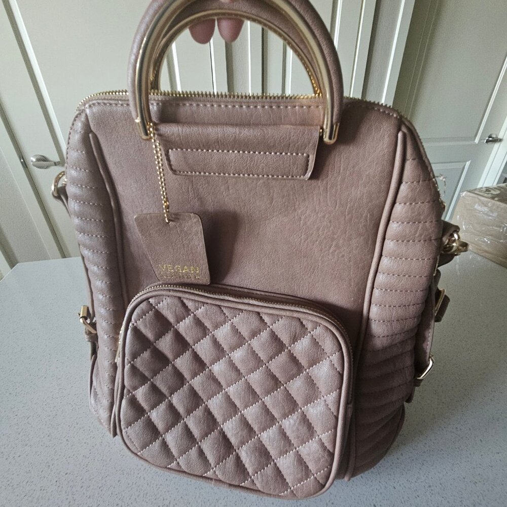 Miztique Light Tan Vegan Leather bag Gold Handles carry backpack or shoulder